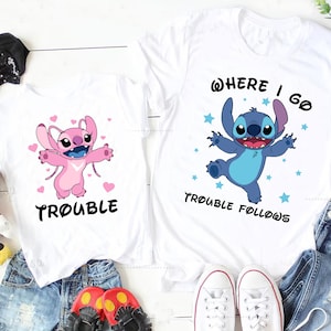 Disney Stitch And Angel Disney Couples shirt, Where I Go Trouble Follows Shirt, Disney Lilo and Stitch Tee, Disneyland Couple Matching Shirt