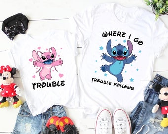 Chemise pour couples Disney Stitch et Angel Disney, chemise Where I Go Trouble Follows, t-shirt Disney Lilo et Stitch, chemise assortie pour Couple Disneyland