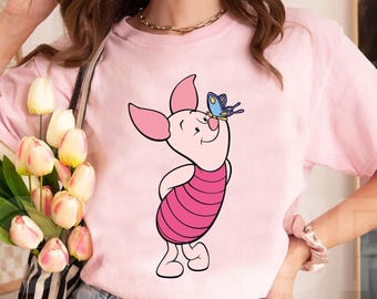 Disney Winnie The Pooh Piglet Portrait Shirt, Disney Piglet Playing With Butterfly Tee, Disneyland Trip Family Outfits, Disney Epcot Shirt
