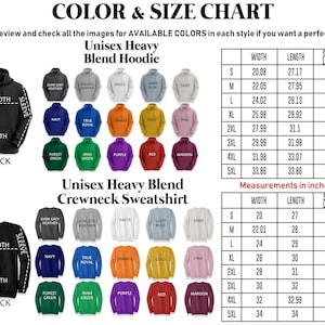 The image is a color and size chart for a crew neck sweatshirt. It displays various color options and corresponding measurements in inches. The chart includes images of black, unisex heavy blend hoodie, and unisex heavy blend crew neck sweatshirt in different styles and colors. The chart provides a visual guide for customers to choose the most suitable color and size for their preferences.