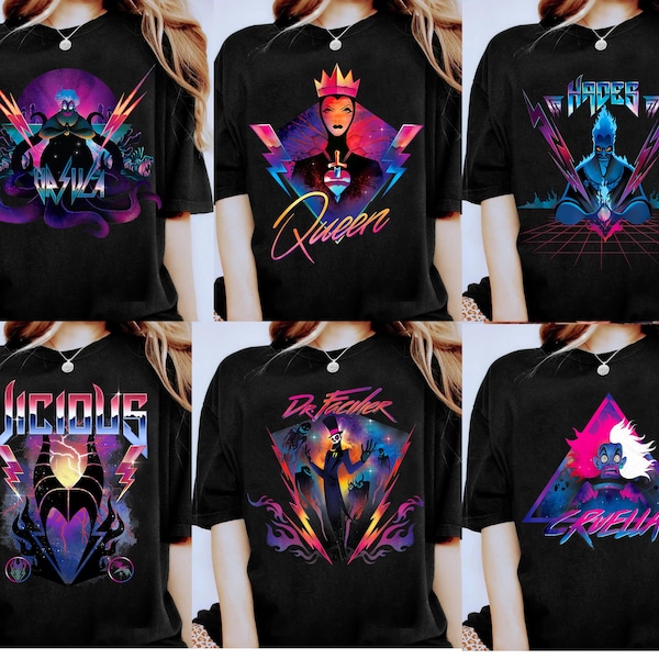 Camiseta neón de villanos de Disney de los 90, banda de rock, Cruella, Dr. Facilier, Reina Malvada, Hades, Maléfica, Úrsula, camiseta, camiseta de Halloween de Disney
