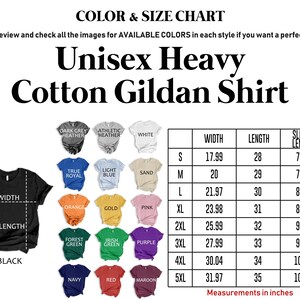 The image is a color and size chart for a unisex heavy cotton gildan shirt. It includes various color options and corresponding measurements for different styles, such as sleeve width, shoulder width, and neck width. The chart provides a visual guide for selecting the most suitable size and color for the shirt based on individual preferences and measurements.