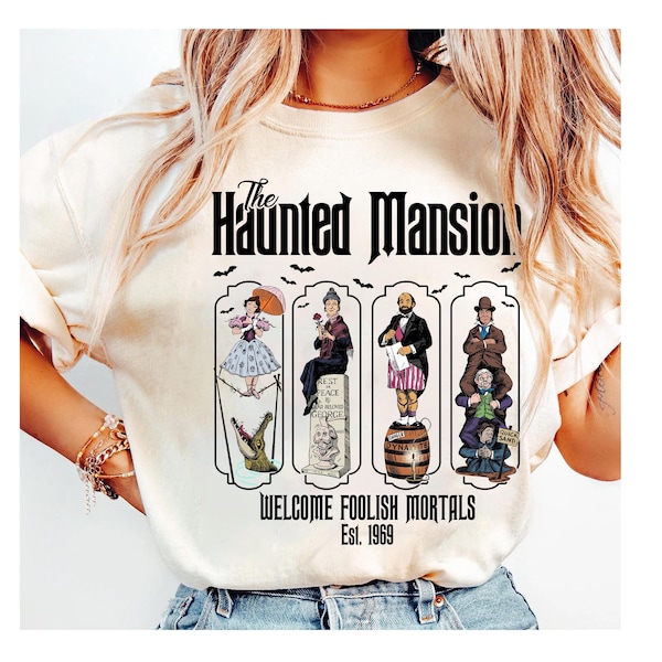 Disney The Haunted Mansion Halloween-shirt, Disney Halloween-shirt liftende geesten, Disney Welcome Foolish Mortals Est 1969-outfits
