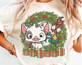 Disney Moana Hei Hei And Pua Floral Christmas Wreath Shirt, Princess Moana Hei Hei Pua Christmas Shirt, Disneyland Trip Family Matching Tee