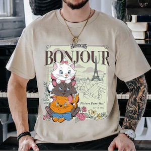 Disney Disney The Aristocats Bonjour T-Shirt, Aristocats Gruppe Charaktere Retro 90er Jahre T-Shirt, Disneyland Reise Familie Passendes Shirt