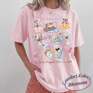 May include: Pink Comfort Colors Blossom t-shirt featuring Disney characters in a collage of images. The shirt includes the text "Walt Disney World" and "The Most Magical Place on Earth."