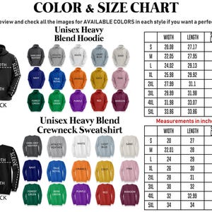 May include: Color and size chart for unisex heavy blend hoodies and crewneck sweatshirts. The chart displays various colors, including black, navy, and orange, with measurements in inches for width, length, and sleeve length. Sizes range from S to 5XL.