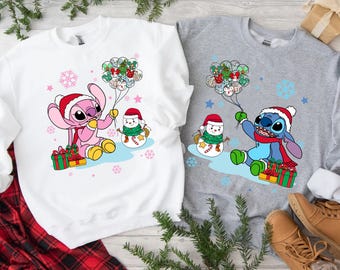 Disney Santa Stitch and Angel  Christmas Lights Mickey Balloon Shirt, Disney Couple Christmas Party Tee, Disneyland Xmas Matching Shirt
