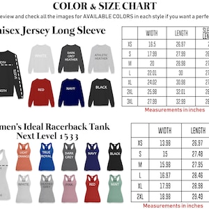 The image is a color and size chart for women's ideal racerback tank tops. It includes various styles and colors, along with their corresponding measurements in inches. The chart provides a visual representation of the available color options and sizes for the tank tops, allowing customers to easily compare and choose the most suitable option based on their preferences and measurements.