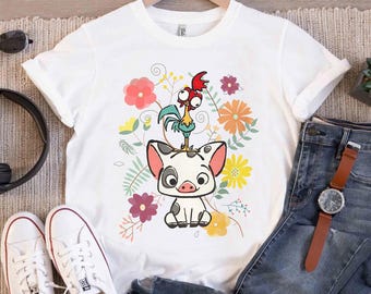Disney Moana 70s Style Floral Pua And Hei Hei Shirt, Cute Moana Shirt, Disneyland Trip Family Matching Outfits, Magic Kingdom Shirt
