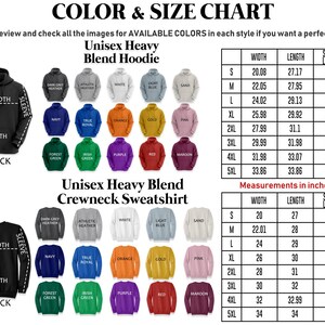 The image is a color and size chart for a crew neck sweatshirt. It displays various color options and corresponding measurements in inches. The chart includes images of black, unisex heavy blend hoodie, and unisex heavy blend crew neck sweatshirt in different styles and colors. The chart provides a visual guide for customers to choose the most suitable color and size for their preferences.
