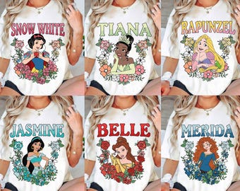Disney Princess Floral Princess Shirt, Disney Princess Snow White Belle Elsa Merida Ariel Tiana Mulan Shirt, Disneyland Trip Family Shirt