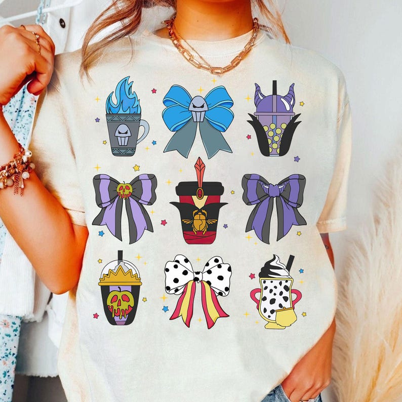 Retro Disney Villains Epcot Drinking Coquette Bows Shirt, Disney Villains Hades Cruella Evil Queen Maleficent Shirt, Disneyland Trip Shirt image 1
