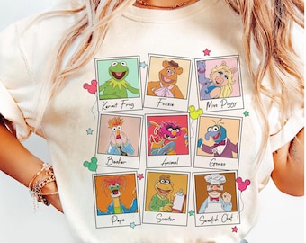 Camiseta con fotos de los personajes de Los Muppets de Disney, camiseta con foto Polaroid de Kermit, Fozzie, Piggy, Gonzo y Beaker con globos, camiseta familiar para viaje a Disneyland.