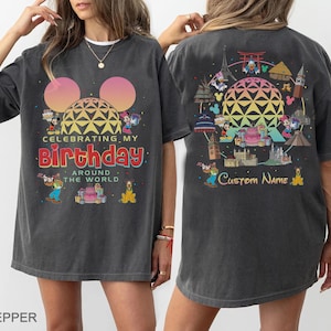 Camiseta personalizada de doble cara "Celebrando mi cumpleaños alrededor del mundo", camiseta de cumpleaños de Epcot, Disney Epcot Tour, camiseta de viaje al parque temático de Epcot