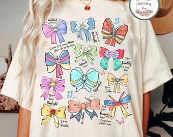 Camiseta de princesas Disney con lazos coquetos en acuarela, camiseta de Ariel, Blancanieves, Cenicienta, Aurora y Bella de Disney, camiseta a juego para el viaje a Disneyland para toda la familia.