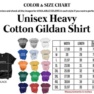 The image is a color and size chart for a unisex heavy cotton gildan shirt. It includes various color options and corresponding measurements for different styles, such as sleeve width, shoulder width, and neck width. The chart provides a visual guide for selecting the most suitable size and color for the shirt based on individual preferences and measurements.