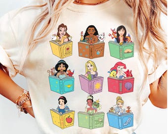 Camiseta de Princesas Disney con Amigos y Libros, Camiseta de Princesas Disney Leyendo Libros, Camiseta de Regalo para Amantes de los Libros, Camiseta Familiar a Juego de Disneyland