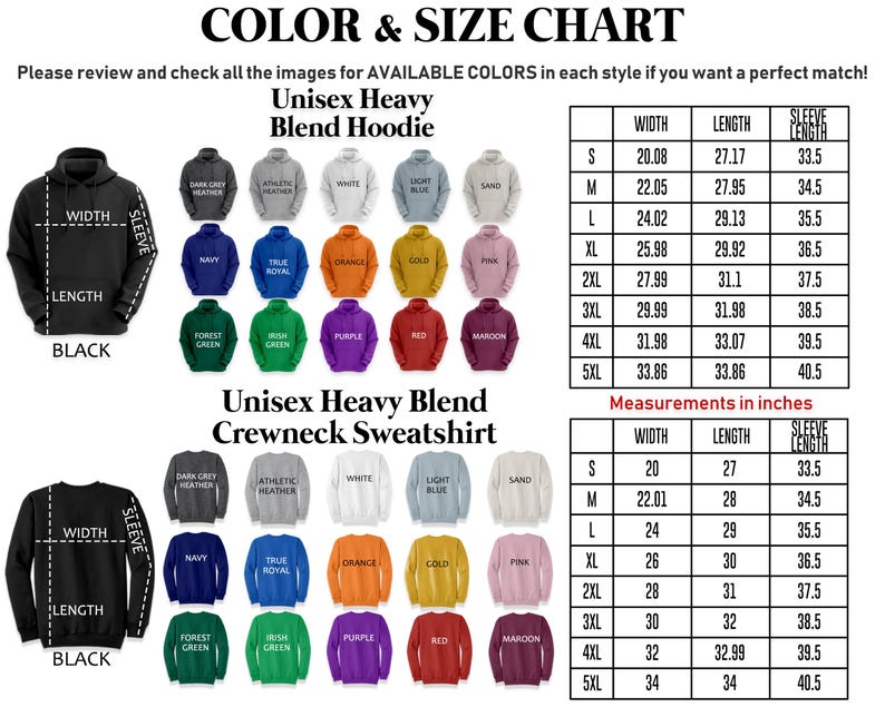 The image is a color and size chart for a crew neck sweatshirt. It displays various color options and corresponding measurements in inches. The chart includes images of black, unisex heavy blend hoodie, and unisex heavy blend crew neck sweatshirt in different styles and colors. The chart provides a visual guide for customers to choose the most suitable color and size for their preferences.