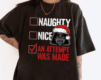 Camiseta navideña de Star Wars con Darth Vader y la lista de verificación de Papá Noel para niños buenos o malos, divertida camiseta navideña de Star Wars, camiseta a juego de Navidad de Disneyland