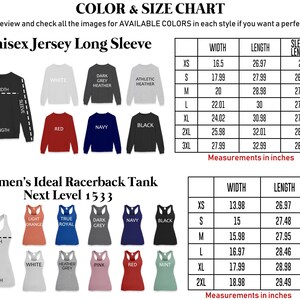 The image is a color and size chart for women's ideal racerback tank tops. It includes various styles and colors, along with their corresponding measurements in inches. The chart provides a visual representation of the available color options and sizes for the tank tops, allowing customers to easily compare and choose the most suitable option based on their preferences and measurements.