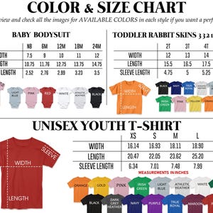 May include: Color and size chart for baby bodysuits, toddler shirts, and unisex youth t-shirts. Includes measurements in inches for width, length, and sleeve length. Available colors are displayed for each style, including pink, red, and black.