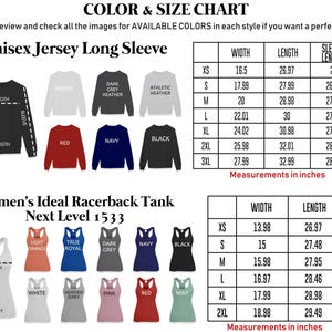 The image is a color and size chart for women's ideal racerback tank tops. It includes various styles and colors, along with their corresponding measurements in inches. The chart provides a visual representation of the available color options and sizes for the tank tops, allowing customers to easily compare and choose the most suitable option based on their preferences and measurements.