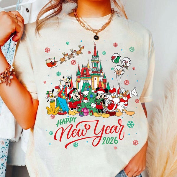 Camiseta de Disney Mickey y sus amigos "Feliz Año Nuevo 2027 con el Castillo Mágico", camiseta de fiesta de Año Nuevo de Disney Mickey y Minnie, camiseta a juego de Disneyland