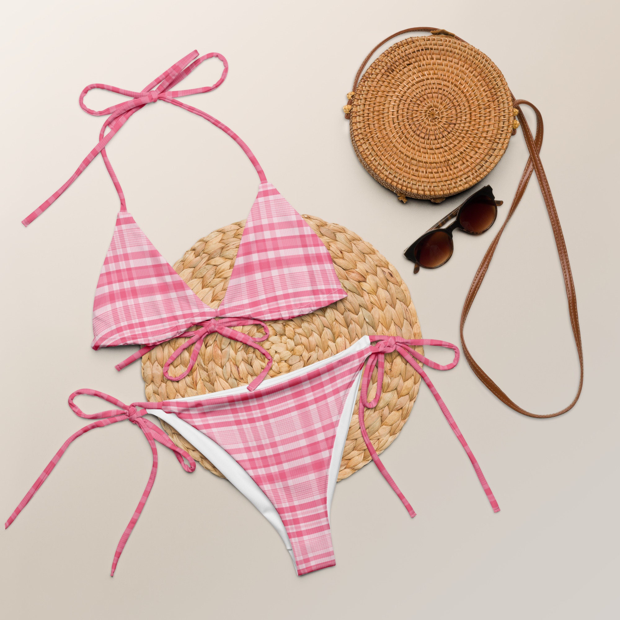 Discover Pink Barbiecore Plaid Women's Sling Bikini Swimsuits