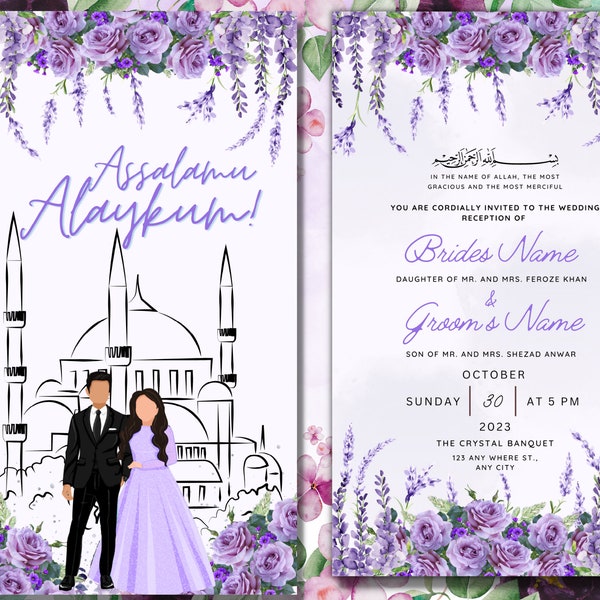 Purple Walima Digital Invitation Card Template Desi Muslim Editable Invites for Shaadi Wedding Nikkah Engagement Animated Purple Lilac