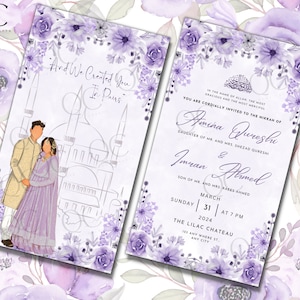 Ceremonia Nikkah digital animada de color morado Shaadi Walima, boda, compromiso, invitación musulmana Desi, plantilla de tarjeta de invitación floral, lavanda, lila