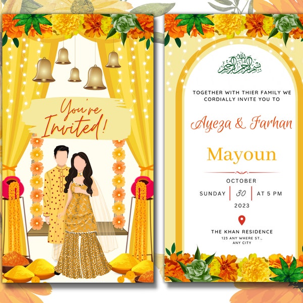 Animated Haldi Mayoun Mayun Dholki Mehndi Pithi Sangeet Digital Invitation Desi Muslim Indian Invite Card Template Floral Editable Yellow