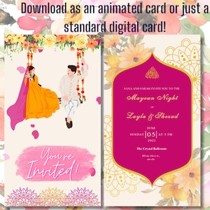 GEANIMEERDE Mayoun Mayun Dholki Haldi Sangeet bewerkbare digitale bruiloft uitnodigingskaart moslim Desi uitnodiging sjabloon bloemen geel oranje roze