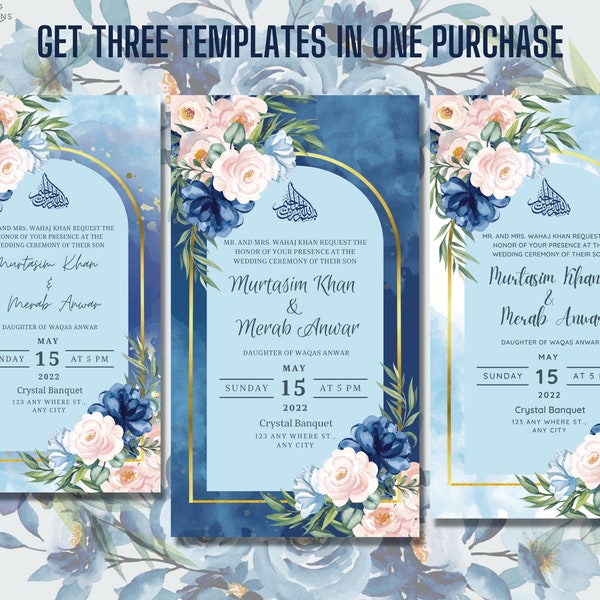 Editable Digital Wedding Engagement Card Walima Shaadi Nikkah Invitation Cards Digital Muslim Desi Invites Template Floral