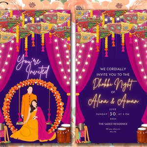Cartão de convite de casamento digital animado Dholki Mayoun Mehndi Haldi Pithi Sangeet Desi Modelo muçulmano convidar guarda-chuva Dholak roxo indiano