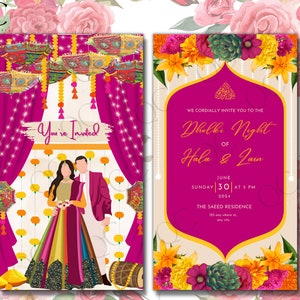 Animated Colorful Mehndi Dholki Mayoun Mayun Haldi Henna Night Invitation Card Muslim Desi Invite Card Template Floral Pink Editable Rainbow