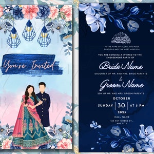 Animation fiançailles bleu glacier Walima Shaadi Nikkah mariage numérique Desi modèle de carte d'invitation musulman rose Téléchargement instantané floral