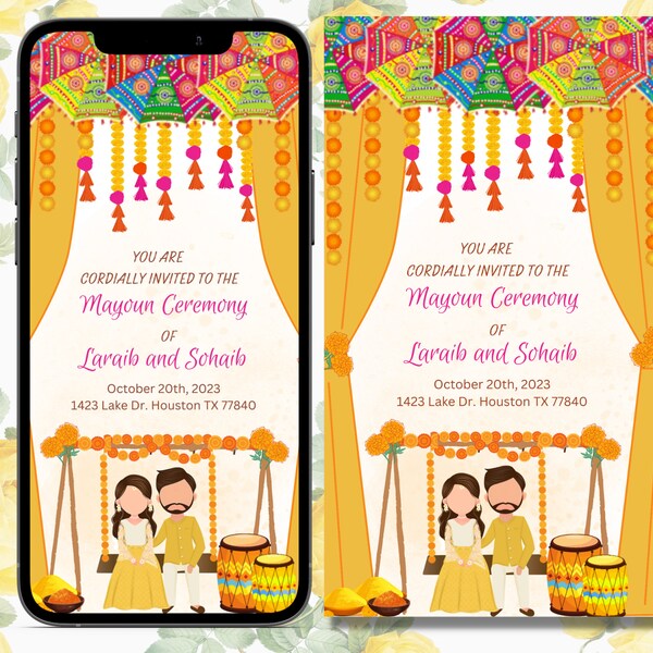 Editable Haldi Mayoun Mayun Dholki Mehndi Sangeet Invitation Card Digital Muslim Desi Invite Template Dholak Template Yellow Downloadable