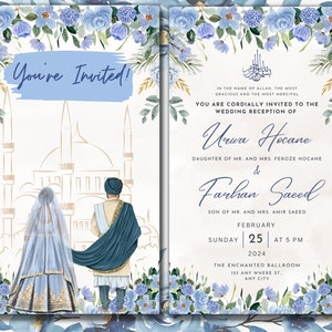 Animierte Digitale Nikkah Zeremonie Shaadi Walima Hochzeit Verlobung Muslimische Desi Einladung Einladen Kartenvorlage Floral Königliche Eis Blau Masjid