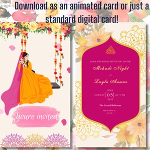 Animated Mehndi Dholki Haldi Mayoun Custom Digital Wedding Invitation Card Muslim Desi Invite Template Floral Yellow Orange Pink Swing