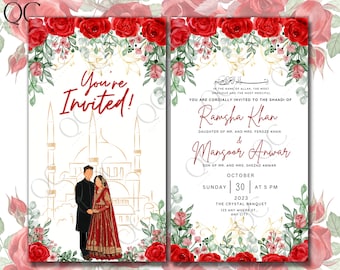 Può includere: Un invito di nozze con un design floreale rosso e bianco. L'invito presenta un'illustrazione di una moschea e il testo "You're Invited!" in rosso. Il testo "Nel nome di Allah, il più misericordioso, il più compassionevole" è anche incluso. L'invito è per il matrimonio di Ramgha Khan e Mansoor Anwar. Il matrimonio si terrà domenica 30 ottobre 2023 alle 17:00 presso The Crystal Banquet.