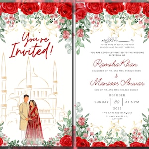 Geanimeerde digitale Shaadi Nikkah ceremonie Walima bruiloft engagement moslim Desi uitnodiging uitnodiging kaartsjabloon Floral vorstelijke rode Masjid