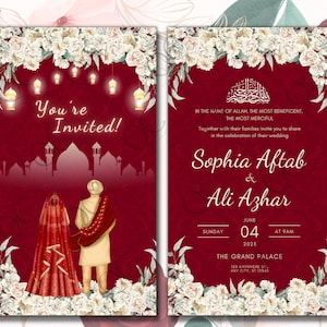 Animation numérique rouge majestueux Shaadi Nikkah cérémonie mariage Walima fiançailles musulman Desi invitation modèle de carte d'invitation Floral masjid blanc