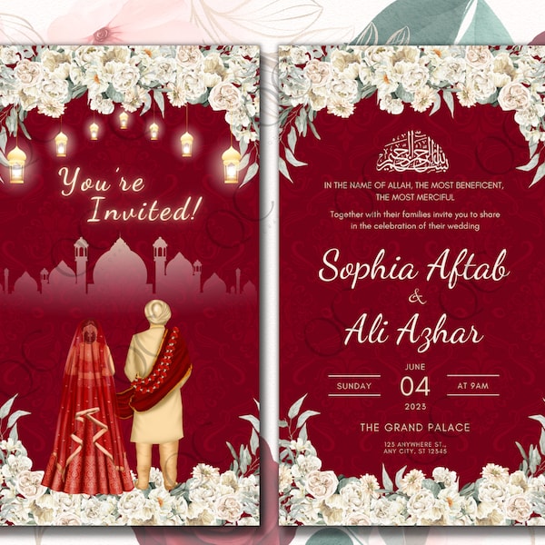 Animated Regal Red Digital Shaadi Nikkah Ceremony Walima Wedding Engagement Muslim Desi Invitation Invite Card Template Floral Masjid White