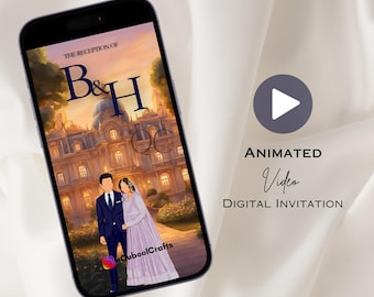 May include: Animated video invitation for a wedding reception featuring a cartoon illustration of a couple in front of a castle. The invitation reads "The Reception of B&H".