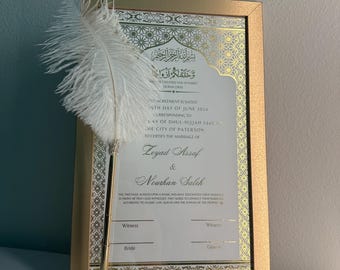 Luxury Gold Foil Nikkah Contract Pen Personalized Muslim Cards Nikkanama Muslim Desi Gold Bismillah 8.5x14in Physical Copy Frame Nikkah Pen