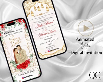 May include: Two smartphones displaying digital wedding invitations. One features a couple illustration with floral accents and the text "Save the Date." The other displays event details with gold embellishments and the text "Animated Video Digital Invitation."