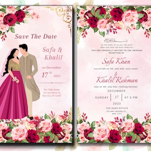 Recepción digital rosa animada, ceremonia Shaadi Nikkah, Walima, boda, compromiso, invitación musulmana Desi, plantilla de tarjeta de invitación floral real
