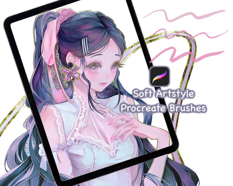 May include: A digital illustration of a young woman with long purple hair, wearing a white lace dress and a pink bow. The image is displayed on a tablet screen with the text "Soft Artstyle Procreate Brushes" on the screen.