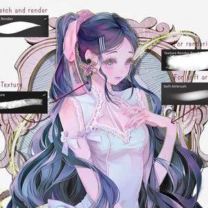May include: A digital illustration of a woman with long blue hair, wearing a white dress with lace detailing. She is holding her hand to her chest and looking at the viewer. The background is a pink and gold ornate frame.